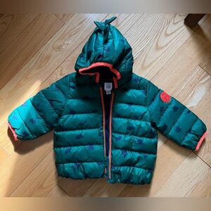 GAP Teal Dinosaur Print Down Puffer Jacket
